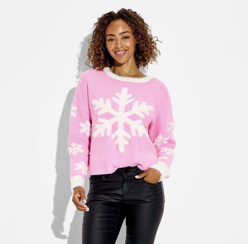 33 Degrees Women's Snowflake Festive Graphic Sweater Pink Size Small